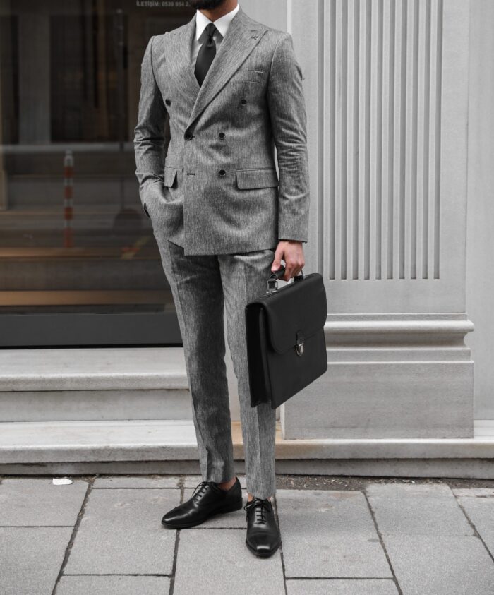 Newbury Park Slim Fit Grey Double Breasted Men’s Suit | MrGuild