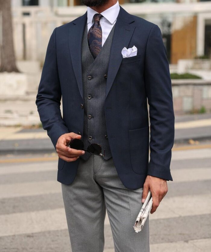 Burman Court Slim fit dark blue and light grey mixed combined three piece suit with herringbone waistcoat