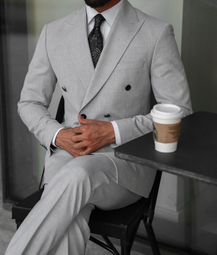 Coomer Mews Slim fit double breasted light grey suit with peak lapels