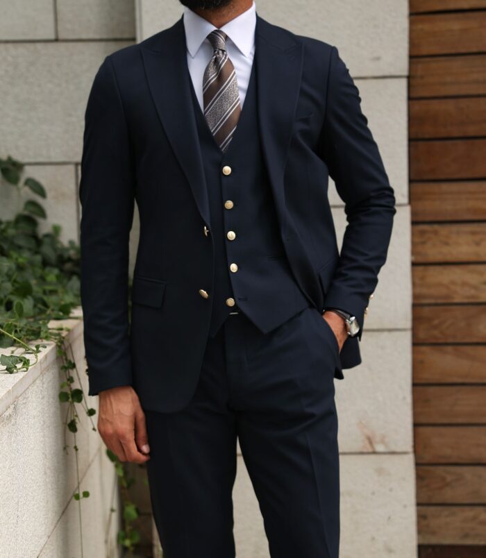 Goring Street SLIM FIT DARK BLUE MEN’S THREE PIECE SUIT WITH DECORATIVE GOLD BUTTONS AND PEAK LAPELS