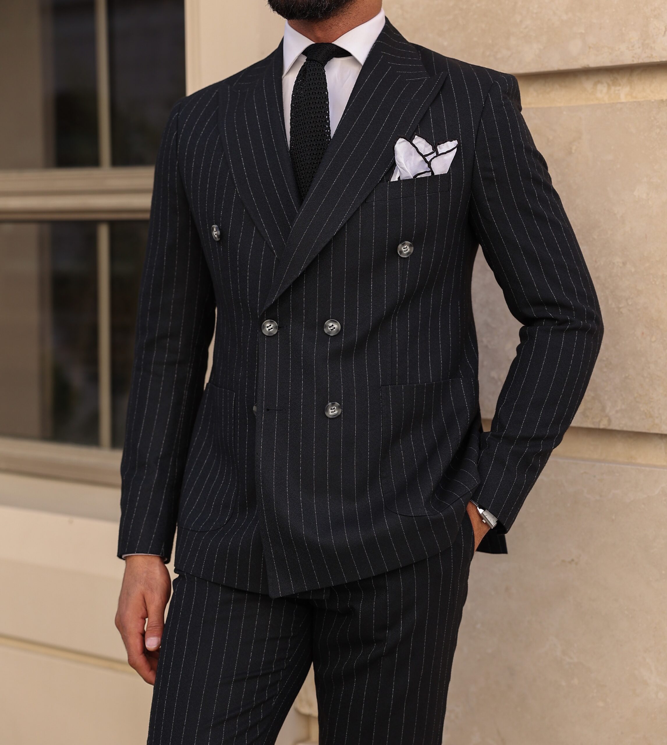 Adelaide Grove Slim Fit Dark Blue Pinstripe Double Breasted Two Piece ...