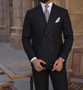 Basing Court Slim Fit Double Breasted Black Suit | MrGuild