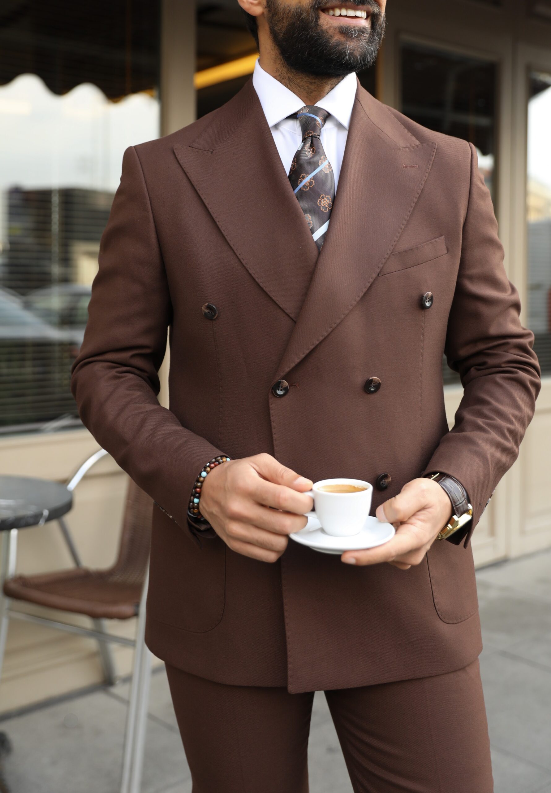 mayplace lane slim fit chocolate brown double breasted two piece mens suit with peak lapels 3