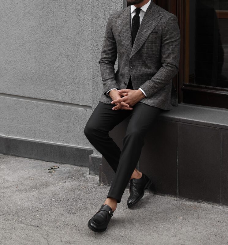 Morris Walk Slim Fit Dark Grey And Black Mixed Two Piece Suit With Peak ...