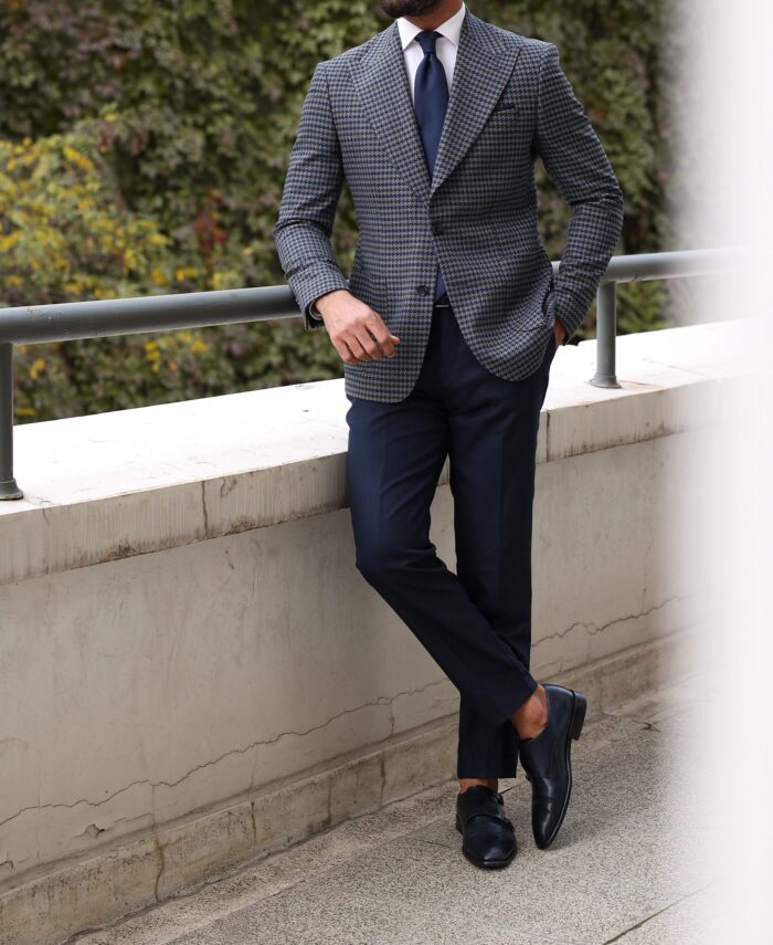 Pelier Street Slim fit dark blue and dark grey mixed two piece men's suit with peak lapels