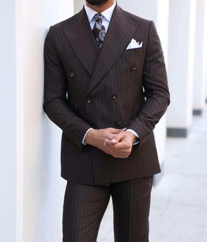 Selsdon Close Slim fit dark brown pinstripe three piece men's suit with peak lapels
