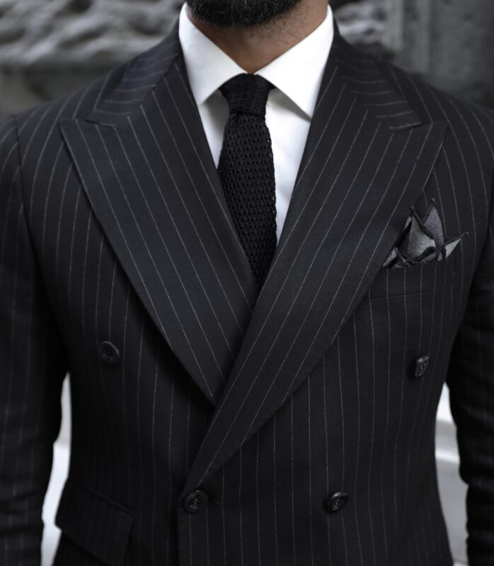 Willshaw Street Slim Fit All Black Pinstripe Double Breasted Two Piece ...