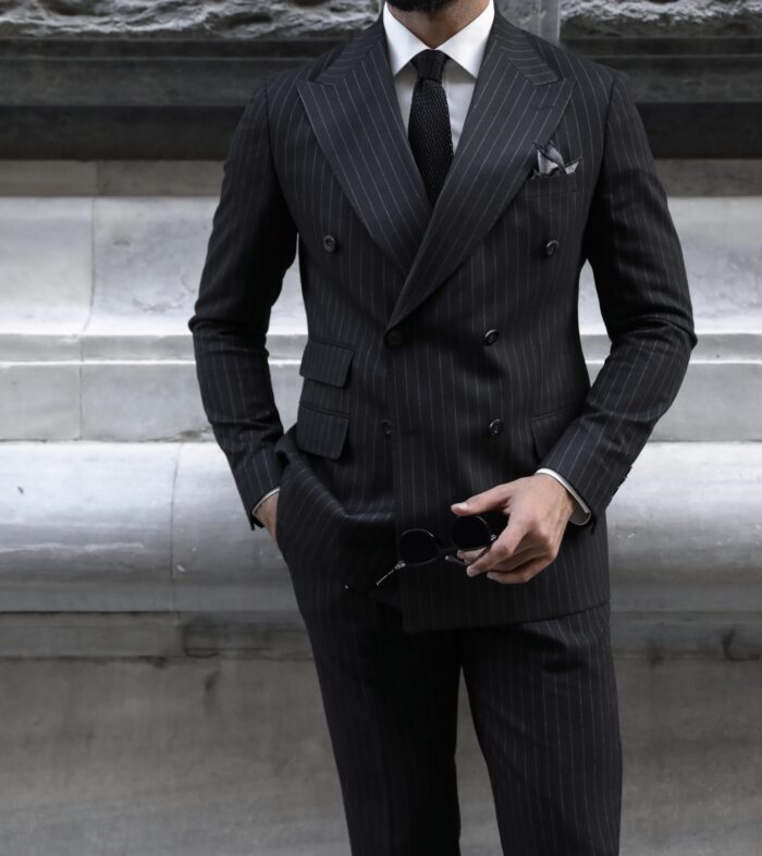 Willshaw Street Slim Fit All Black Pinstripe Double Breasted Two Piece ...
