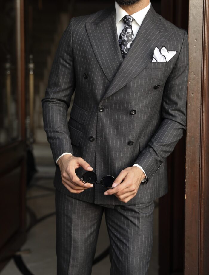 Wilton Row Slim fit dark grey pinstripe double breasted two piece men's suit with peak lapels