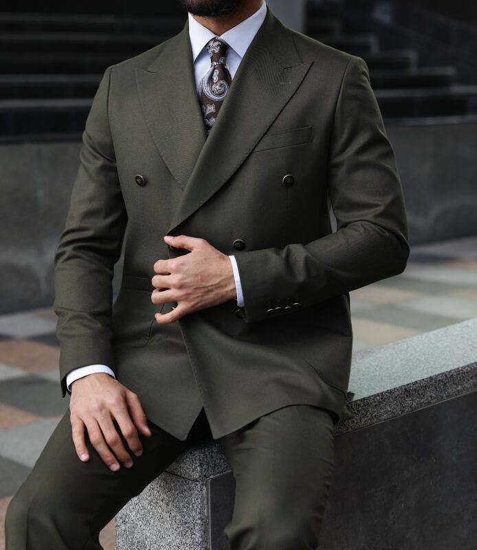 Turks Lane Slim Fit Khaki Green Double Breasted Two Piece Men's Suit ...