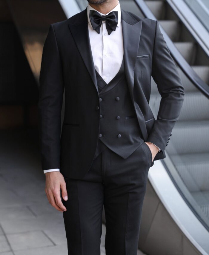 Prince William Slim Fit All Black Three Piece Men's Tuxedo Suit With ...