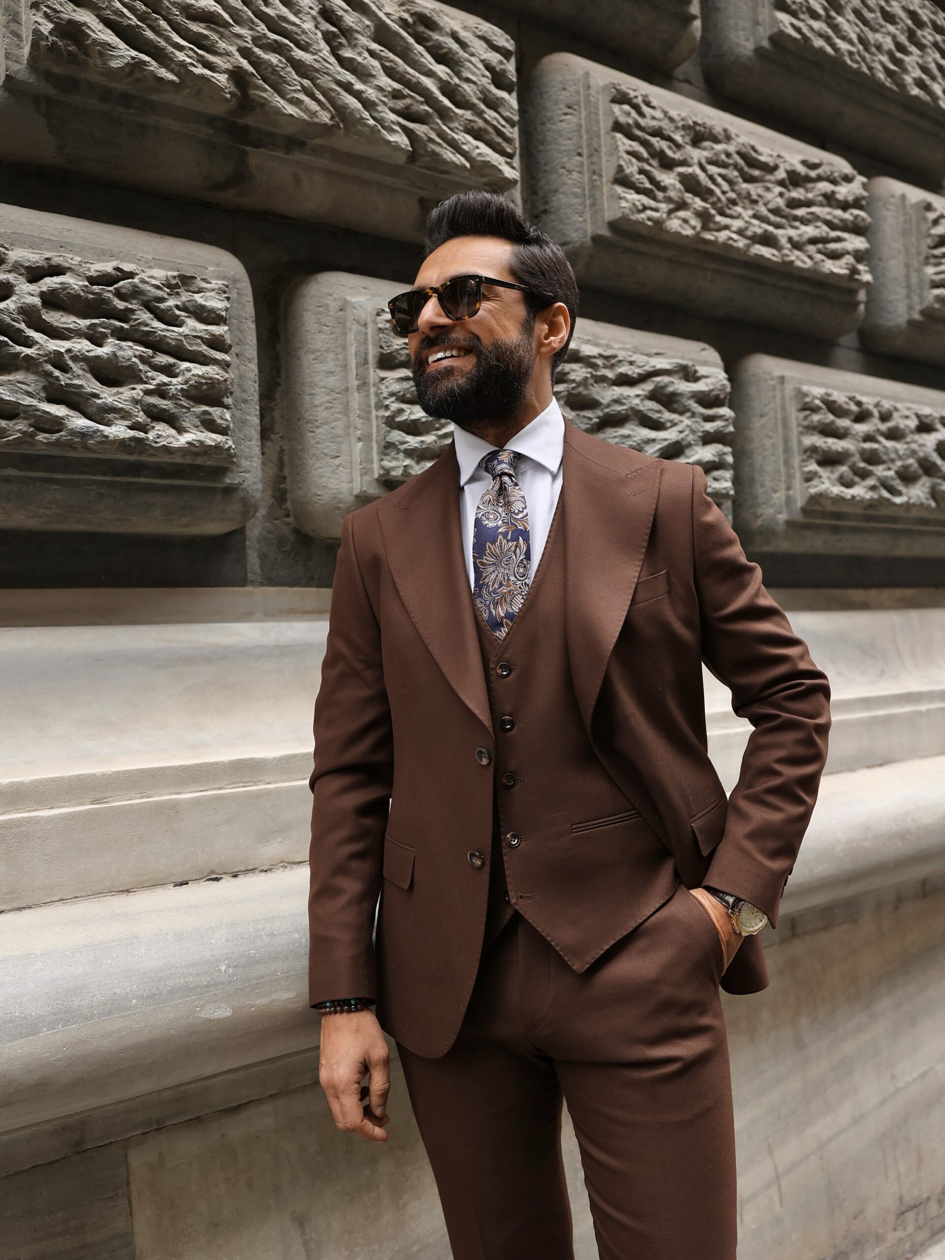 Winkley Street Slim Fit Chocolate Brown Men's Three Piece Suit With  Decorative Gold Buttons And Peak Lapels