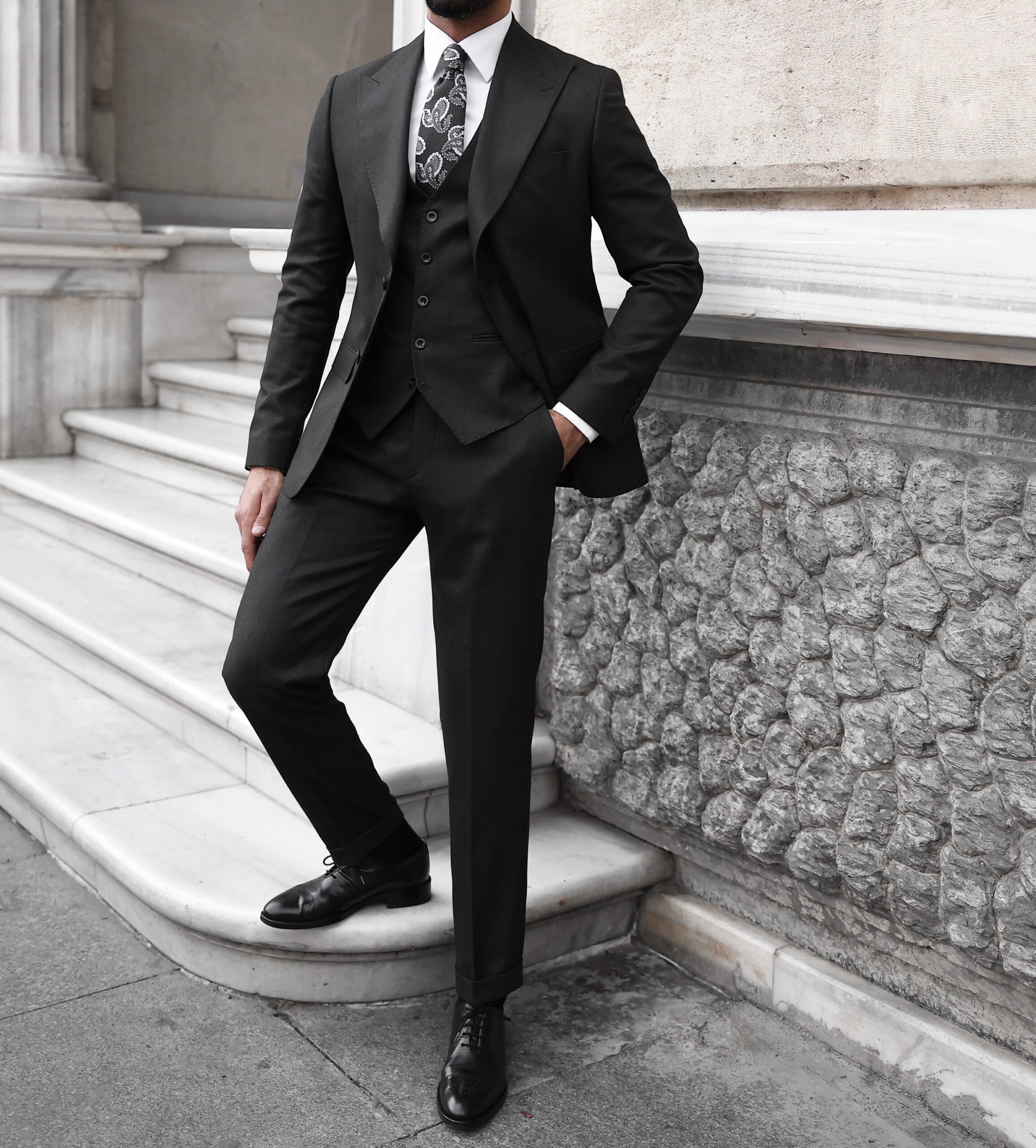 Lauderdale Place Slim Fit All Black Three Piece Men s Suit With Peak