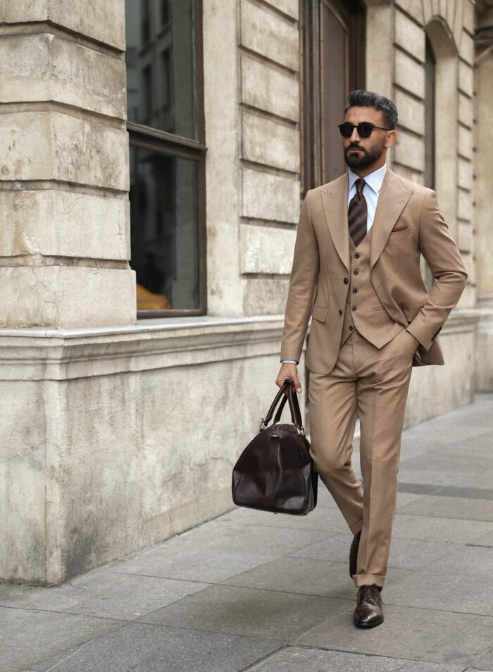 Little Somerset Street <p>Slim fit light beige three piece men’s suit with peak lapels</p>