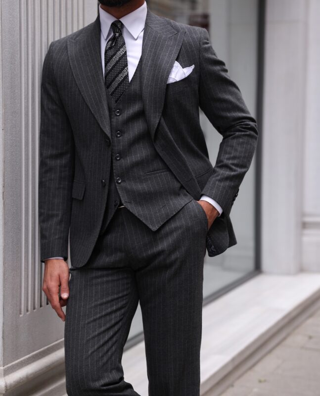 Modern Court Slim Fit Pinstripe Charcoal Grey Three Piece Men's Suit ...