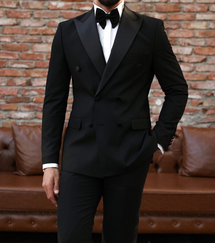 Prince George Slim fit all black double breasted two piece men's tuxedo suit with peak satin lapels