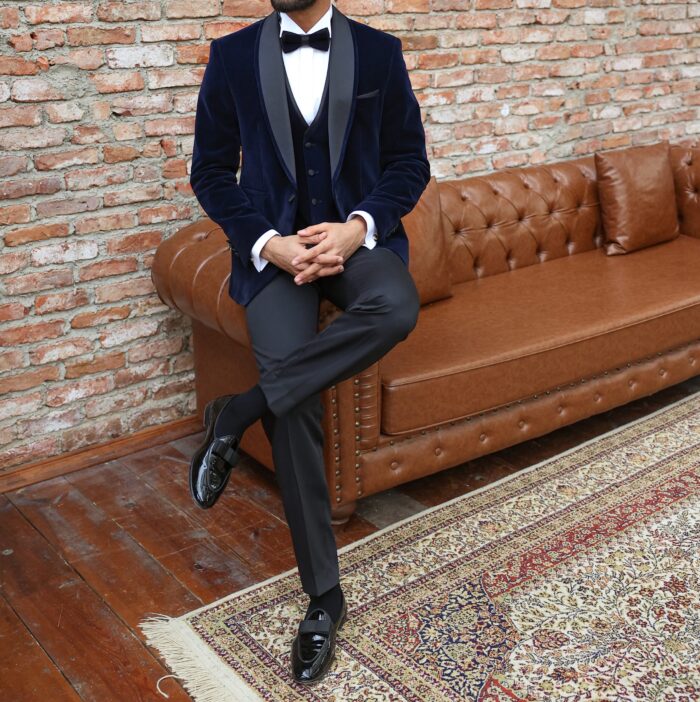 Prince Harry Slim fit dark blue velvet three piece men's tuxedo suit with peak satin lapels