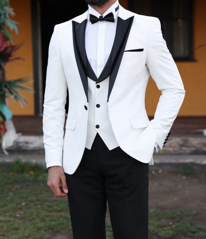 Princess Diana Slim fit white and black three piece men's tuxedo suit with peak satin lapels
