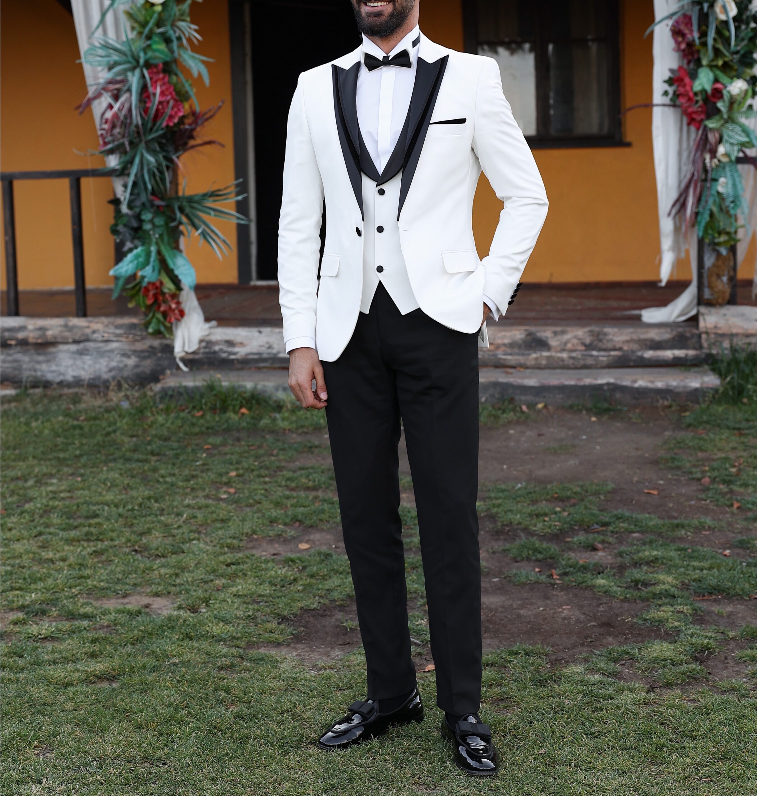 502761: White and Off White color family stitched 3 Piece Suit (without  shirt) .