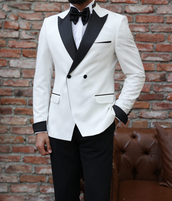 Queen Elizabeth Sim fit white and black double breasted two piece men's tuxedo suit with peak satin lapels