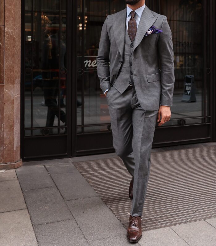 Rangoon Street Slim fit stone grey pinstripe three piece men's suit with peak lapels
