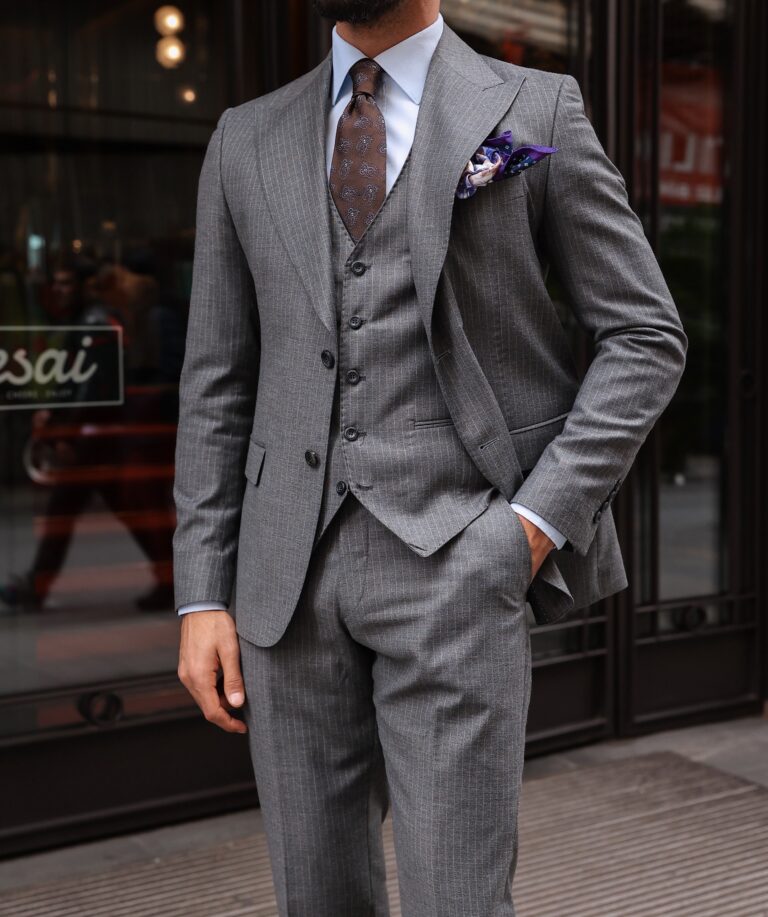 Rangoon Street Slim Fit Stone Grey Pinstripe Three Piece Men's Suit ...