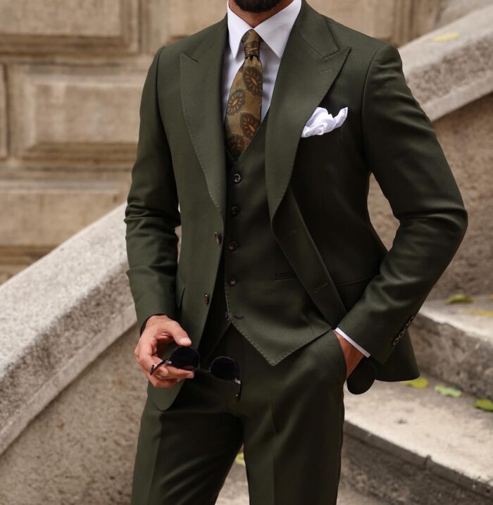 Rood Lane Slim fit olive green three piece men's suit with peak lapels