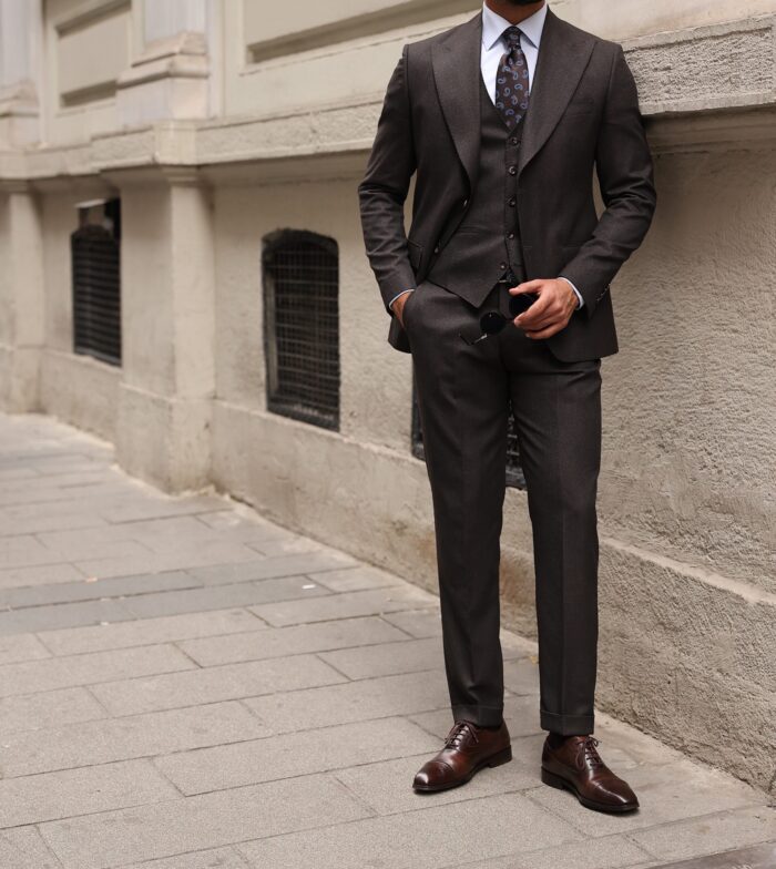 Telegraph Street Slim fit dark brown three piece men's suit with peak lapels