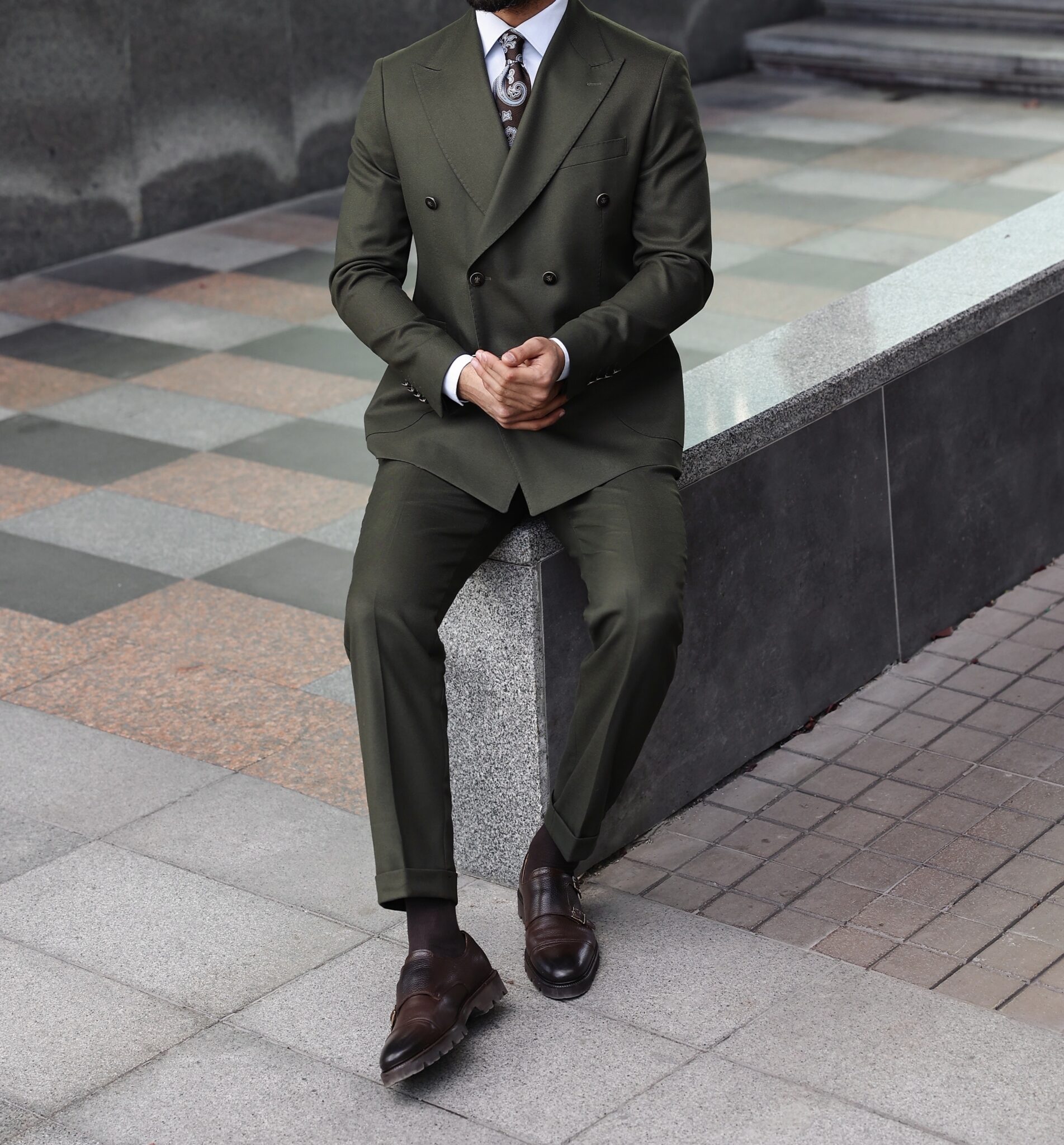 Turks Lane Slim Fit Khaki Green Double Breasted Two Piece Men's Suit ...