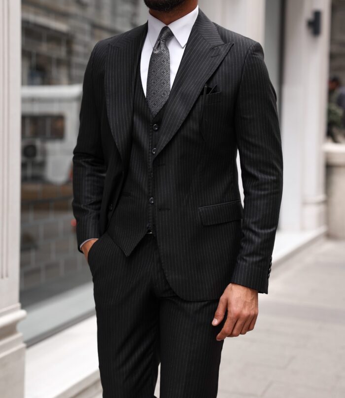 Union Court Slim fit all black pinstripe three piece men's suit with peak lapels