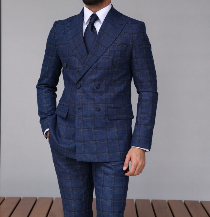 Angel Row Slim fit dark blue checked double breasted men's suit with peak lapels