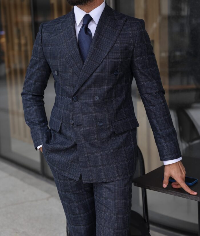 Bank Slim fit dark navy blue checked double breasted men's suit with peak lapels