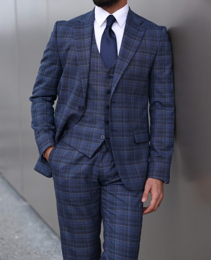 Chislehurst slim fit dark blue checked men's three piece suit with peak lapels