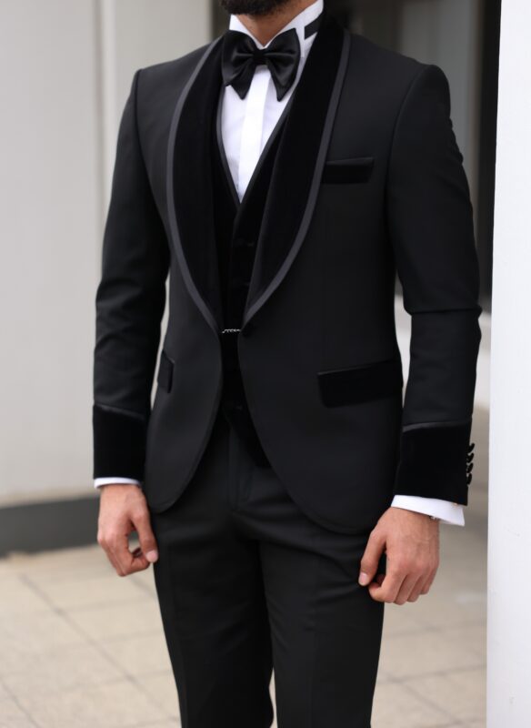 Churchill Slim Fit All Black Three Piece Men’s Tuxedo Suit With Peak ...