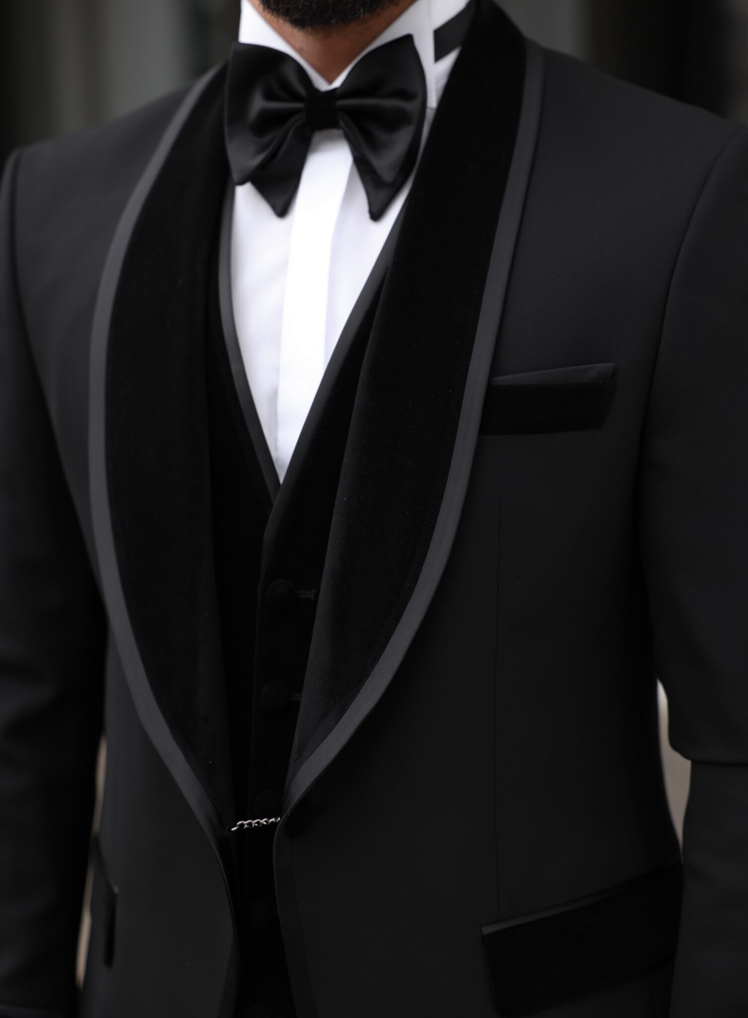 Churchill Slim Fit All Black Three Piece Men’s Tuxedo Suit With Peak ...