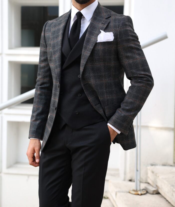 Gunstor Road Slim fit dark grey and black chequered mixed three piece men's suit with peak lapels