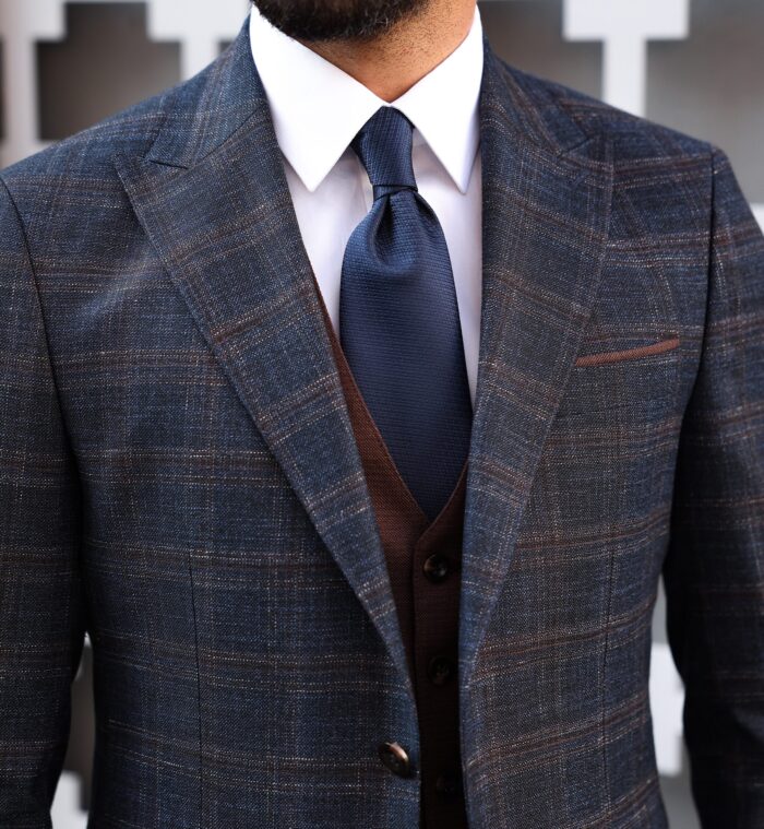 Jersey Terrace Slim Fit Dark Blue And Brown Chequered Mixed Three Piece ...