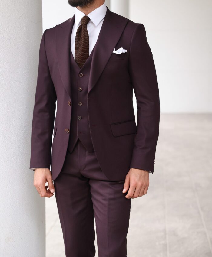 London Fields Slim fit all plum men's three piece suit with peak lapels
