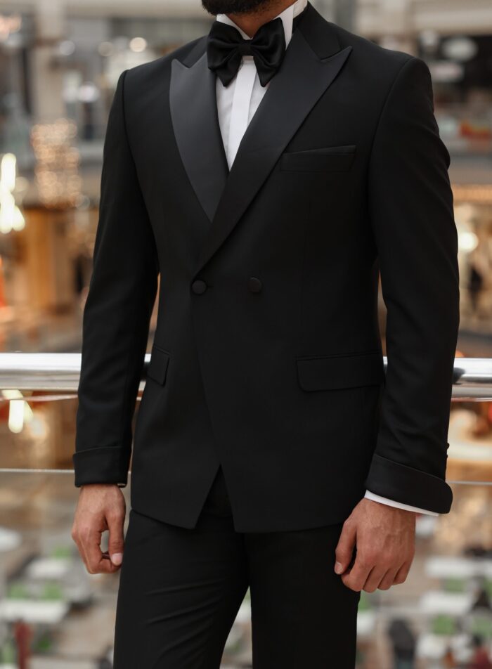 Prince Edward Slim fit all black double breasted men's tuxedo suit with peak satin lapels