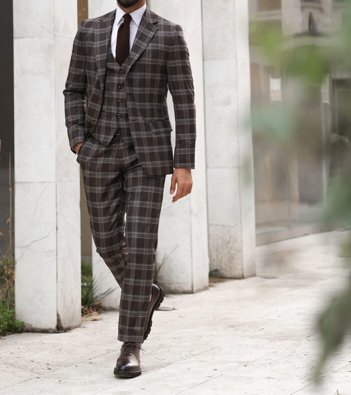 Queensbridge Road Slim fit dark brown checked men's three piece suit with peak lapels