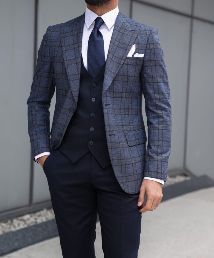 West Silvertown Slim fit light blue mixed combined men's three piece suit with peak lapels