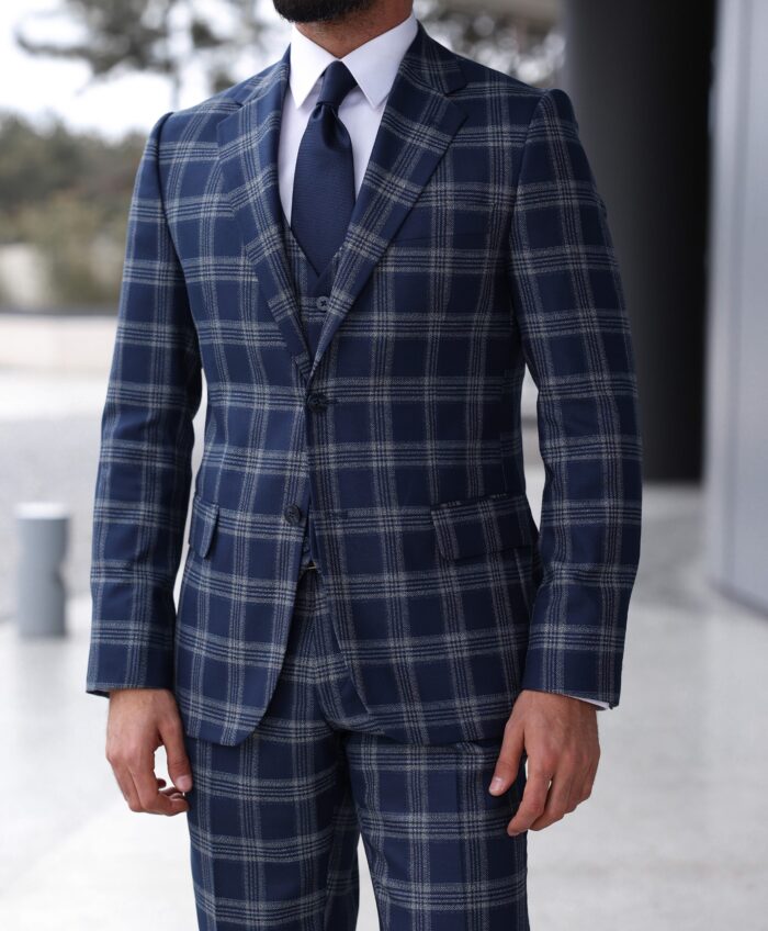 William Baker Street Slim fit dark blue checked men's three piece suit with peak lapels