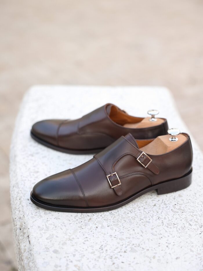 Aleppo Men's Dark Brown Calf Leather Monk Strap Shoes | MrGuild