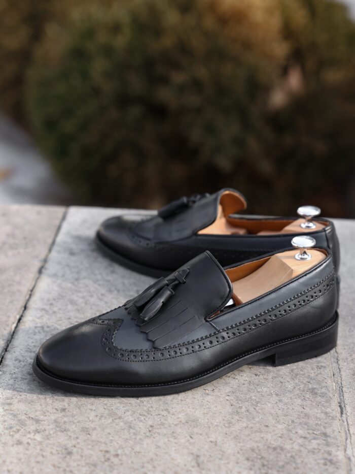 Belgrade Men's all black calf leather loafers with decorative double tassel