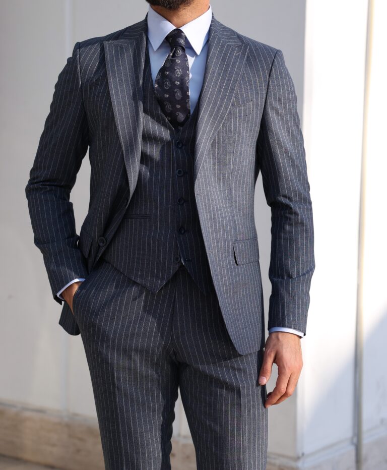 Boones Road Slim Fit Charcoal Slate Pinstripe Three Piece Men's Suit ...