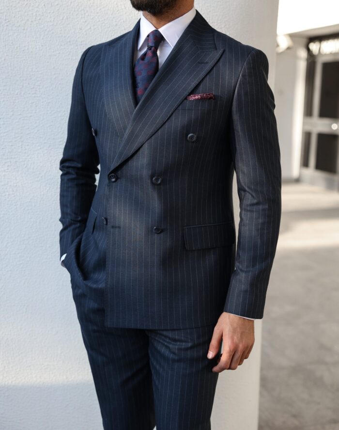 Fairwell lane slim fit dark blue pinstripe double breasted men's two piece suit with peak lapels