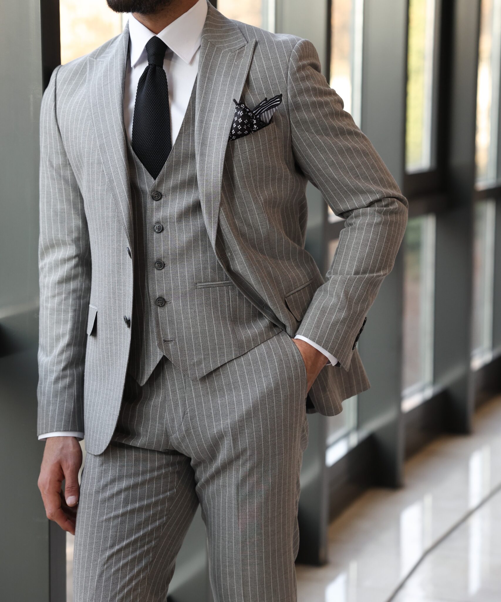 Flora Gardens Slim Fit Light Grey Pinstripe Three Piece Men's Suit With ...