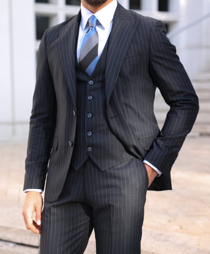 Haycroft road Slim fit dark blue pinstripe three piece men's suit with peak lapels
