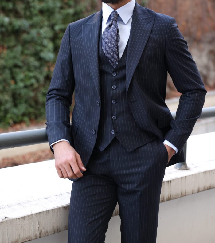 Heygate street Slim fit dark blue pinstripe three piece men's suit with peak lapels