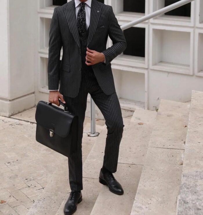 Stratford Slim fit all black pinstripe men's three piece suit with peak lapels